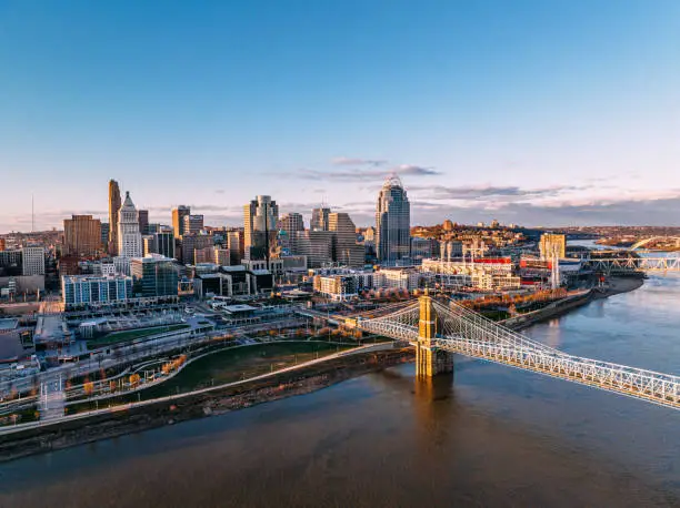 Photo of High Angle View at Sunset of the John A. Roebling Suspension Bridge with Downtown Cincinnati Along the Ohio River