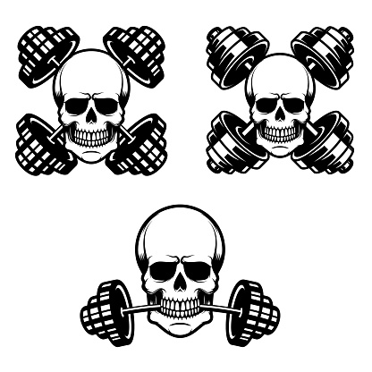 Set of illustrations of gym skull with barbell. Design element for poster, card, banner, sign, t shirt. Vector illustration