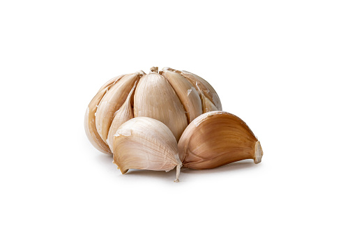 Single fresh white garlic bulb with segments is isolated on white background with clipping path, Thai herb is great for healing several severe diseases, heart attact, Hyperlipidemia or Dyslipidemia, close up photo