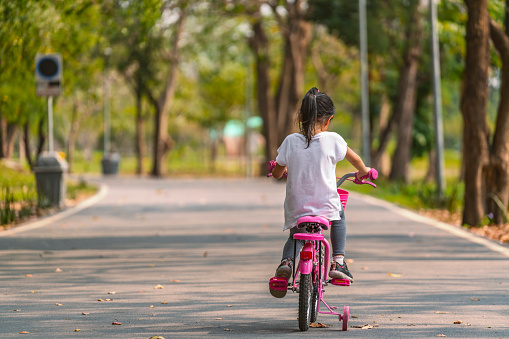 Asian child girl biking bicycle with one supporter wheels, view from behind, biking on pathway in park. Blurred background tree in park, space for text and design.