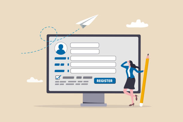 registrieren sie ein neues benutzerkonto, ein registrierungsformular oder eine einreichung, melden sie sich online an, bewerben sie sich für einen neuen job oder eine neue mitgliedschaft, ein self-service-konzept, eine geschäftsfrau mit bleistift und fü - register stock-grafiken, -clipart, -cartoons und -symbole