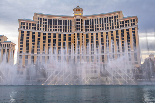 Las Vegas, Nevada, USA - July 21, 2016: The fountains of Bellagio at sunset in Las Vegas
