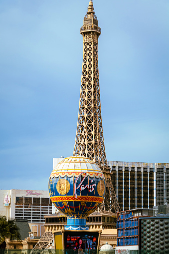 Las Vegas, Nevada, USA - April 8, 2023: Paris replica along the famous Las Vegas Strip. This hotel and casino is a popular travel destination for many.