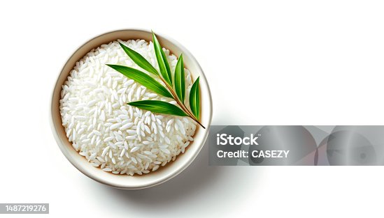 istock Rice in a bowl on a white background 1487219276