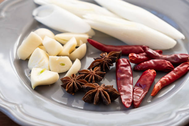 condiment set. green onion, star anise, chili pepper, garlic