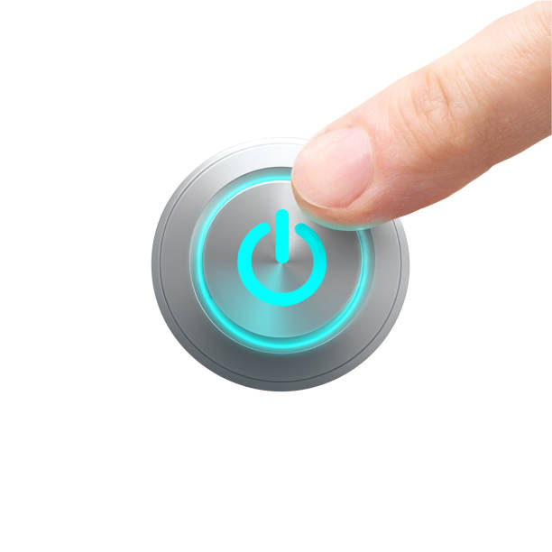 Metal Power button with blue glow light. Closeup finger about to press a power button. Hardware equipment concept and element of various design concept projects