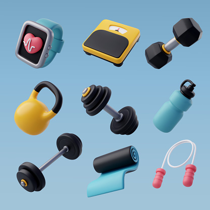 Set of 3d Vector of Workout gym tools, Sport equipment, Gym time concept. Eps 10 Vector.