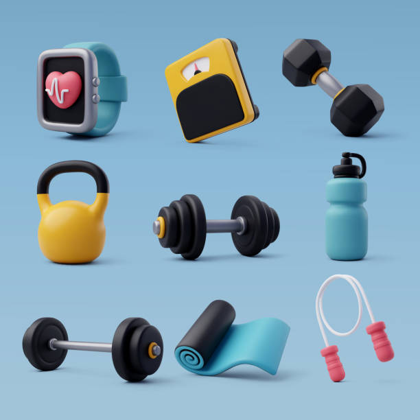 ilustrații de stoc cu set de 3d vector de instrumente de antrenament sala de gimnastica, echipament sportiv, sala de gimnastica concept de timp. - ganteră
