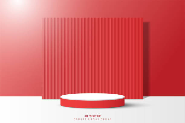 istock realistic white and red 3d stage cylinder podium product display stand, white floor and red wall with vertical pattern shape backdrop. stage design for show product, promotion, mockup or template. 1487228037