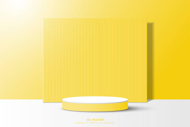 istock realistic white and yellow 3d stage cylinder podium product display stand, white floor and yellow wall with vertical pattern shape backdrop. stage design for show product, promotion, mockup, template. 1487228080