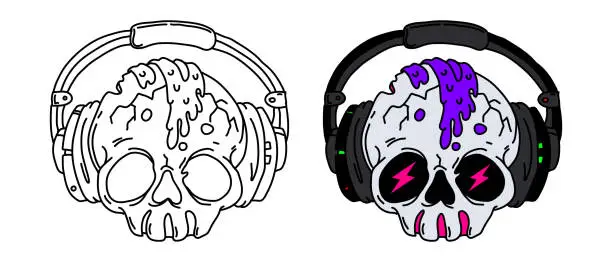 Vector illustration of Skull in headphones illustration. Listen to loud music with headphones. Cartoon skull in gothic style