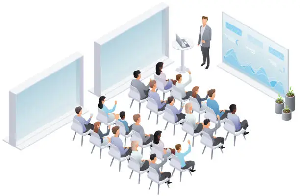Vector illustration of Business presentation, speech. Teamwork presentation conference coworking workplace brainstorming and discussion isolated. International public conference Indicators and coaching. Vector isometric, 3d