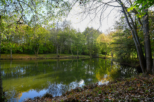 Ostheim natural bathing lake near Malsfeld. Idyllic landscape by the lake in autumn.