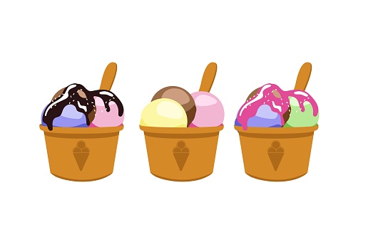 Vector illustration of natural Ice Cream, poster with soft serve neapolitan icecream in takeaway cup, 3 colorful scoop balls of italian gelato in cardboard container.