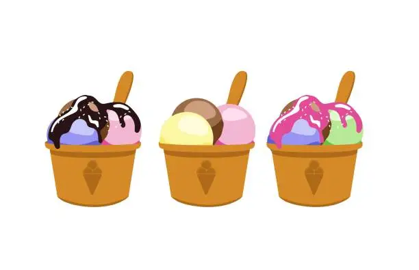 Vector illustration of Vector illustration of natural Ice Cream, poster with soft serve neapolitan icecream in takeaway cup, 3 colorful scoop balls of italian gelato in cardboard container