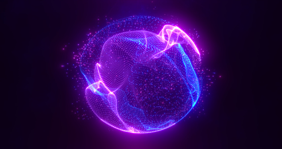 Abstract round blue to purple sphere light bright glowing from energy rays and magic waves from particles and dots, abstract background.