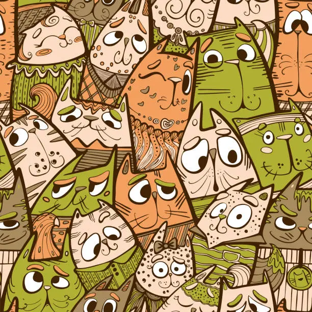 Vector illustration of Vector Doodle Pattern with Playful Cats