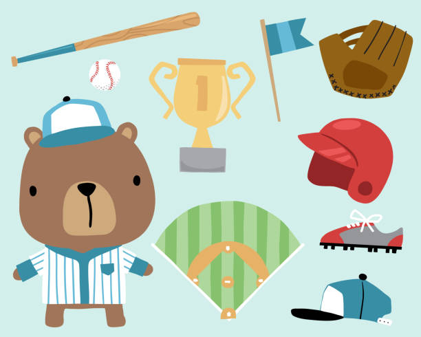 векторная иллюстрация мультяшного медведя в бейсбольной майке с бейсбольными элементами - characters sport animal baseballs stock illustrations