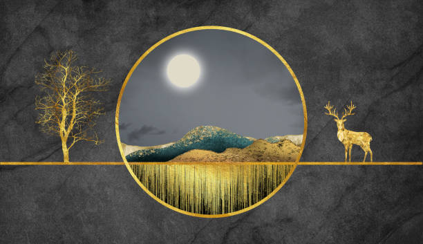 istock 3d modern art mural landscape wallpaper on a black marbled background. colorful mountains, golden deer, golden trees, and golden lines. 1487236864