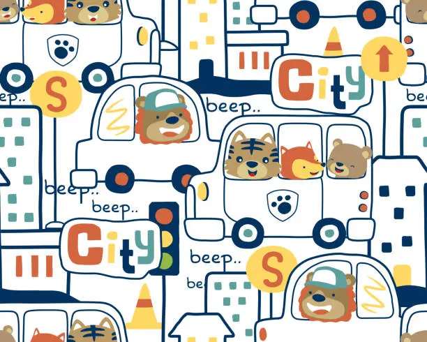 Vector illustration of seamless pattern vector of city traffic with funny animals cartoon