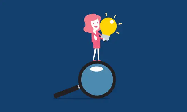 Vector illustration of Businesswoman with magnifying glass looking for a new idea