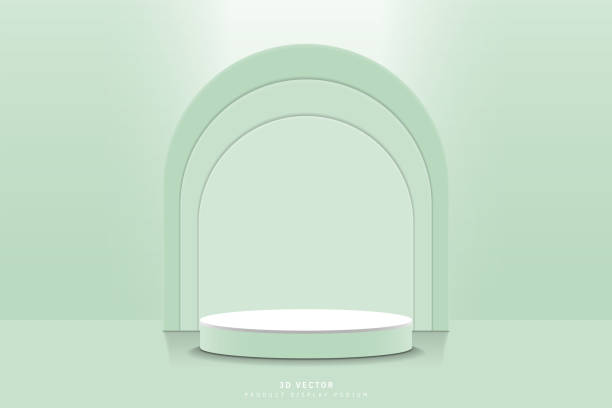istock 3d studio room with realistic green and white 3d stage cylinder pedestal podium for product display with three arch shape backdrop. design for product presentation, 3d vector rendering. 1487237939