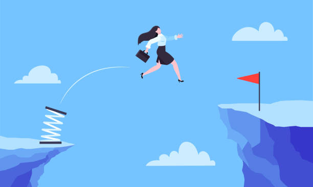 ilustrações de stock, clip art, desenhos animados e ícones de businesswoman jumps over the abyss across the cliff flat style design vector illustration. - women jumping bouncing spring