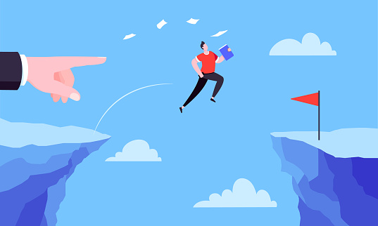 Businessman jumps over the abyss across the cliff flat style design vector illustration. Business concept of fearless businessman with huge courage. Risk, goal achievement, work obstacles and success.