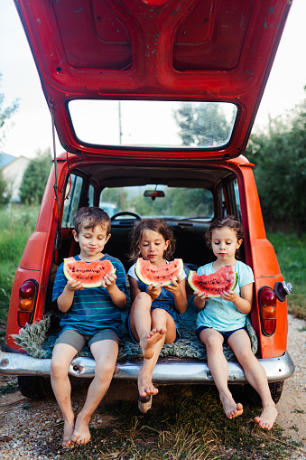 Group of children sitting in a car and eating slices of watermelon as a snack on their camping vacation