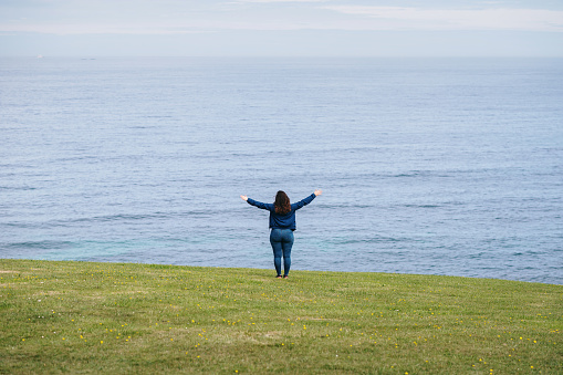 Rear view of a young woman with her arms raised on a green grass field by the sea