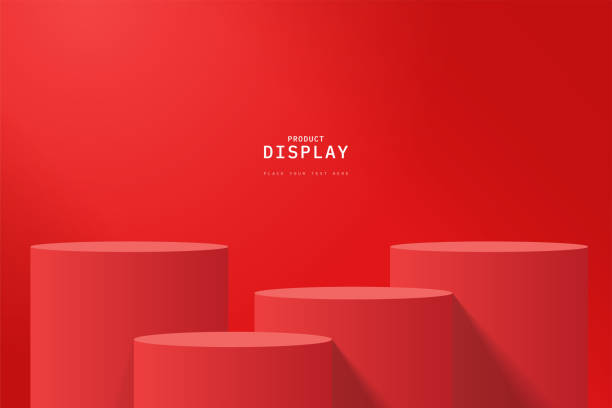 istock Abstract realistic red cylinder podium or stand for product display. 3d vector rendering in minimal wall scene for mockup, template. stage for product presentation or promotion day. 1487240804