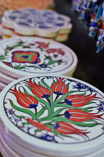 Turkish handcrafted colorful ceramic coaster with flower pattern