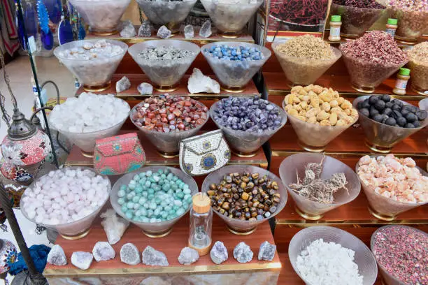 A variety of semi precious gemstones on display outside souvenir shop in Dubai market Souq