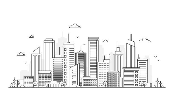 Urban life with skyline city Vector illustration of outline city landscape. Urban life with skyline city office buildings, skyscraper, trees, factory, windmill. ity panorama on white background. Downtown landscape. cityscape stock illustrations