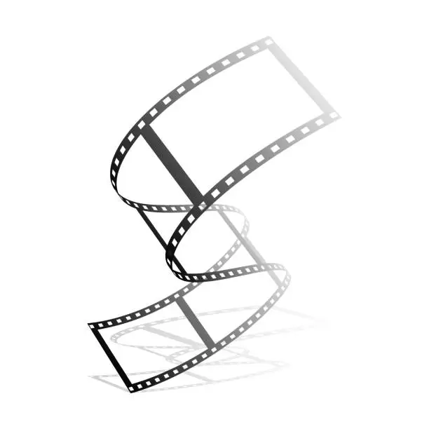 Vector illustration of Winding movie film ribbon. Narrow strip of 35 mm tape. Classic film for cameras and movie cameras. Movie festival design element. 3d Vector isolated on white background