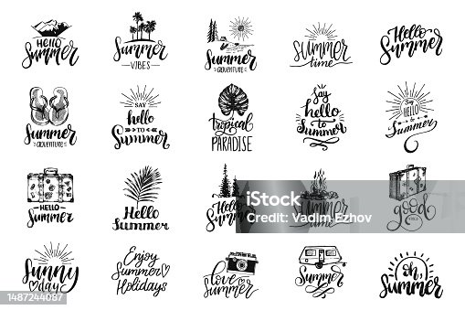 istock Hello Summer inspirational quotes collection, hand lettering set in vector, travel icons, hand drawn touristic illustrations, outdoor adventures symbols 1487244087