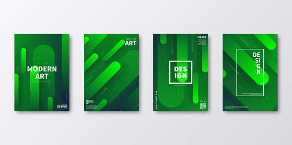 Set of four vertical brochure templates with modern and trendy backgrounds, isolated on blank background. Futuristic illustrations with geometric shapes and beautiful color gradient, looking like a meteor shower (colors used: Green, Black). Can be used for different designs, such as brochure, cover design, magazine, business annual report, flyer, leaflet, presentations... Template for your own design, with space for your text. The layers are named to facilitate your customization. Vector Illustration (EPS file, well layered and grouped). Easy to edit, manipulate, resize or colorize. Vector and Jpeg file of different sizes.