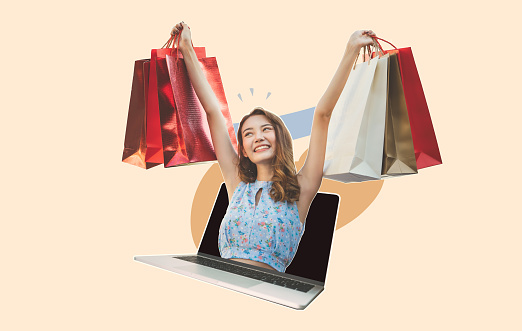 People lifestyle in collage contemporary art style. Young adult asian woman with shopping bags out from laptop for pay online with banking application concept.