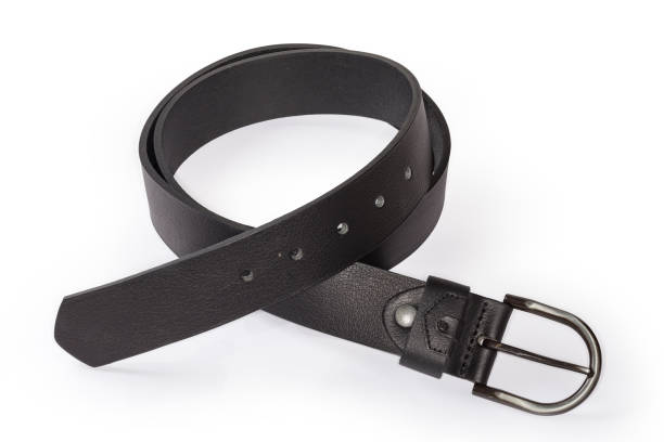 istock Black leather belt with semicircular frame buckle on white background 1487245506