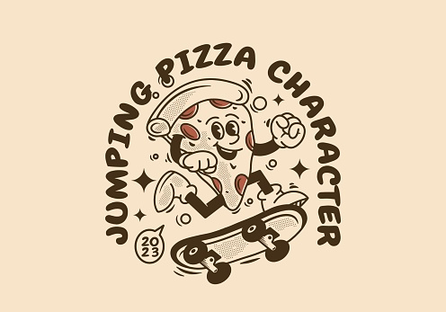 Vintage mascot character design of pizza jumping on skate board