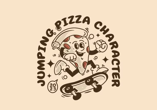 Vintage mascot character of pizza jumping on skate board Vintage mascot character design of pizza jumping on skate board pics for pizza pizza logo stock illustrations
