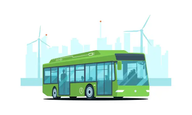 Vector illustration of Electric city bus with passengers against the background of an abstract cityscape