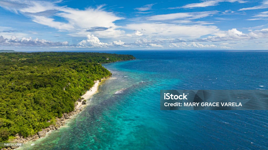 Aerial drone of Beautiful Tropical Island. Beautiful sandy beach on a tropical island with abundant green trees along with a small rock formation in the shore. Aerial View Stock Photo
