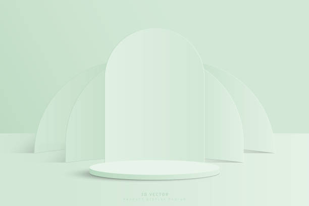 istock Clean green studio room. realistic 3d cylinder podium with arch and half circle shape backdrop. platform for product presentation. 3d vector rendering 1487253457