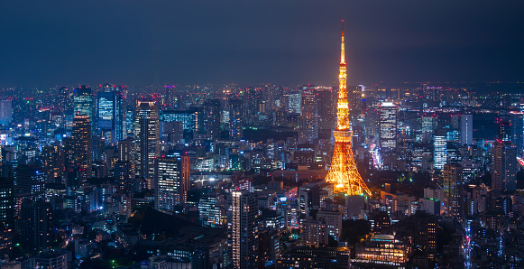 Panorama view of Tokyo Tower and Tokyo Cityscape from Roppongi Hills at night in Tokyo Japan