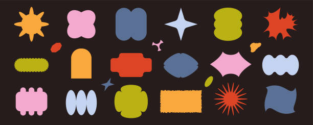 Abstract brutal geometric shapes set Vector set of retro cartoon stickers, patches, emblems in trendy y2k style. Modern futuristic design elements for social media, label, badge. Abstract cute comic banner background hipster background stock illustrations