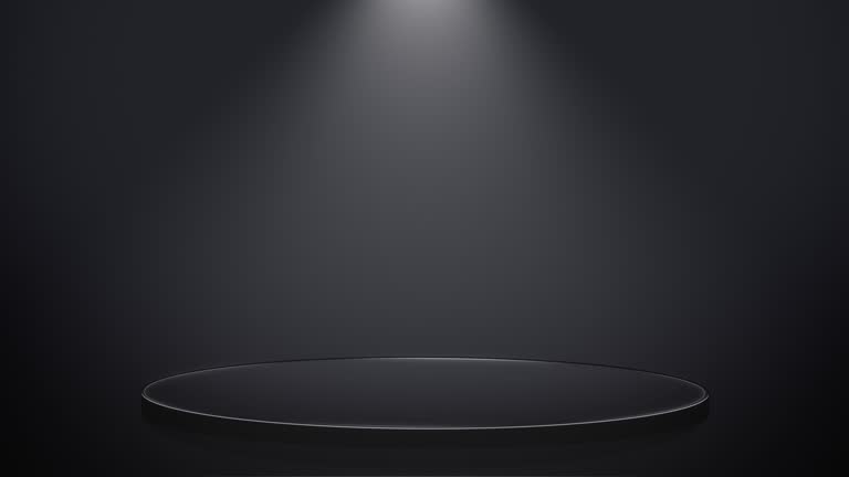 Black Studio Template - Round Shape Pedestal On Simple Background - Spotlight Product Shelf - Blank Studio Podium For Advertising - 3D Rendering - 4K Resolution - Seamless Loop Background