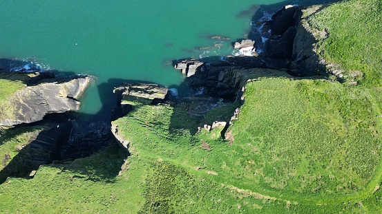 Aerial view of Cardigan Island, located off the coast of Wales in the United Kingdom