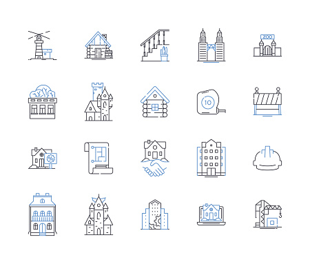 Real estate finance technology outline icons collection. Mortgage, Investments, Blockchain, Crowdfunding, Valuations, Analytics, Proptech vector and illustration concept set. Due diligence,Fintech linear signs and symbols