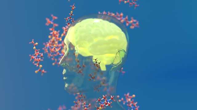 Portrait of CGI avatar. Cytokines, neurotransmitters produced by the glowing brain.